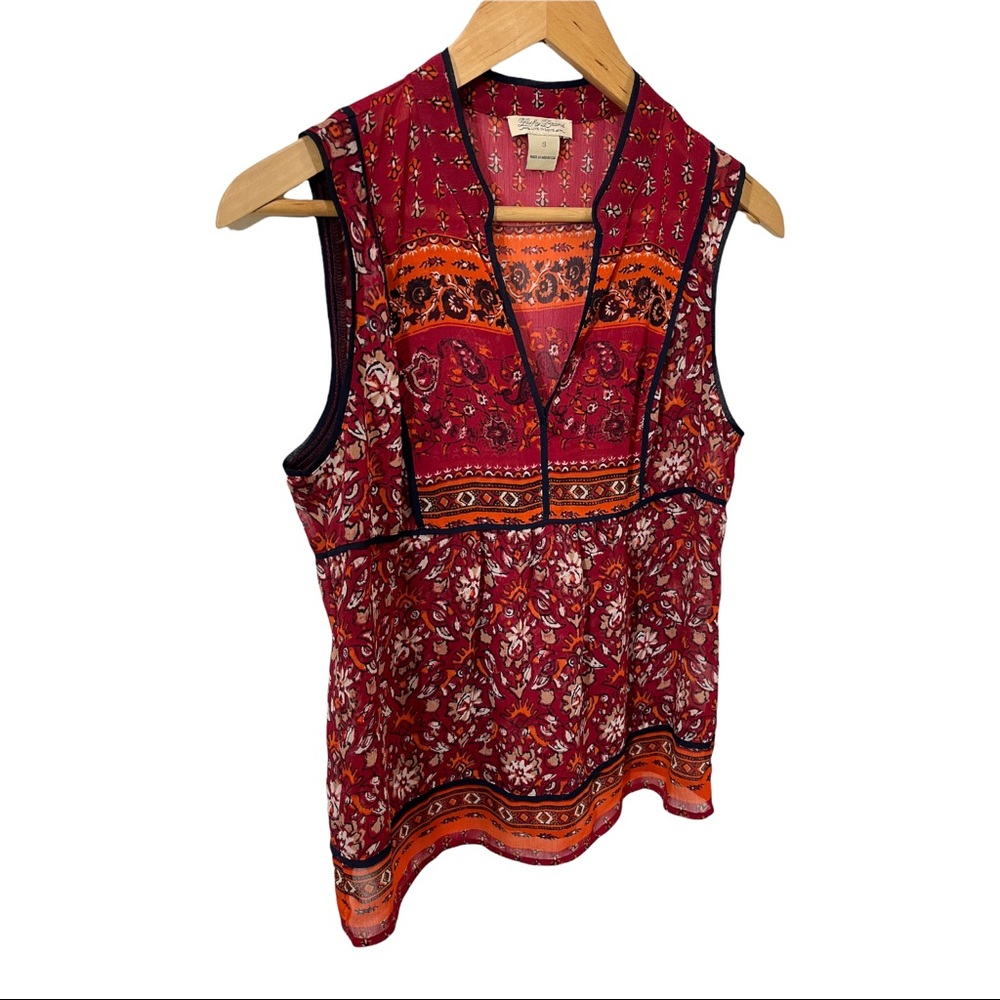 LUCKY BRAND BOHO FLORAL V-NECK RED ORANGE SLEEVELESS SHEER BLOUSE SIZE SMALL - Picture 5 of 16